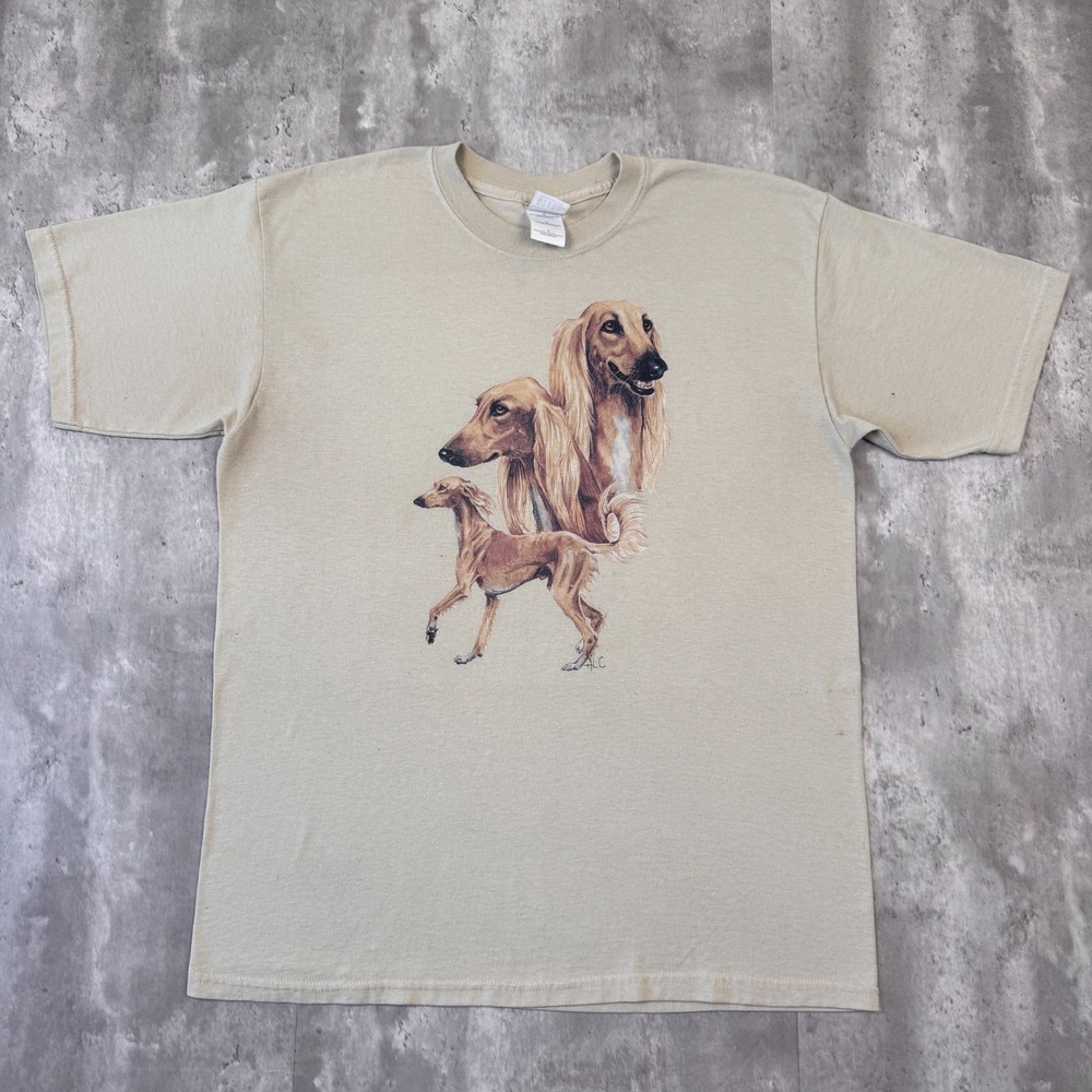 Vintage Saluki Dog T Shirt Mens L Beige Graphic Gildan Hound Portrait Y2K